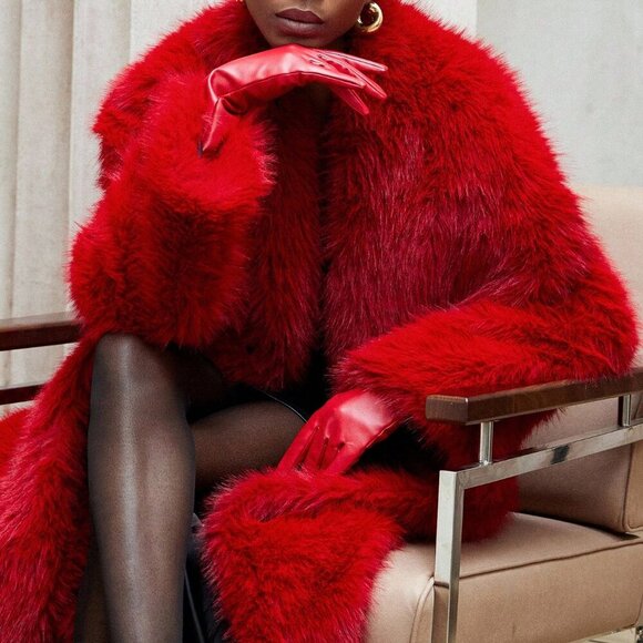 Red Casual Women's Faux Fur Jacket Coat - Picture 2 of 8